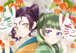  2girls aoqun beads blunt_bangs bow chinese_clothes chinese_lantern_(plant) curly_sidelocks fox_mask freckles green_hair green_hanfu green_mask hair_beads hair_bow hair_bun hair_ornament hair_over_shoulder hanfu holding holding_mask kusuriya_no_hitorigoto looking_at_another maomao_(kusuriya_no_hitorigoto) mask mitsuki_aria multiple_girls orange_hanfu purple_hair red_mask shisui_(kusuriya_no_hitorigoto) sidelocks violet_eyes yellow_eyes 