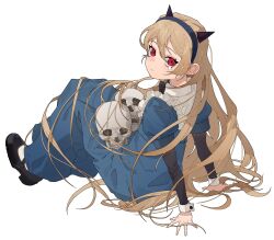  1girl absurdres arm_support black_bow black_horns black_shoes blonde_hair blue_dress blue_hairband bow cone_horns dress dress_bow frilled_shirt_collar frills from_side full_body hair_between_eyes hairband highres horns legs_up light_frown long_hair looking_at_viewer original puffy_short_sleeves puffy_sleeves red_eyes shimiya_jin shoes short_sleeves sitting skull slit_pupils socks solo very_long_hair white_background white_socks 