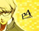  1boy close-up copyright_name glasses grey_eyes grey_hair narukami_yuu persona persona_4 wallpaper yellow 