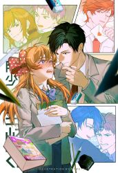  3girls 4boys assertive_female bishounen black_hair blazer blue_bow blue_bowtie blue_hair blue_skirt blush book bow bowtie clenched_hand closed_mouth clothes_grab collared_jacket collared_shirt cowboy_shot envelope eraser eye_contact flustered frown gekkan_shoujo_nozaki-kun grey_jacket hair_bow hand_on_another&#039;s_chin hand_on_own_chin heart hetero high-waist_skirt highres holding holding_book holding_envelope holding_paper hori_masayuki inkwell jacket kashima_yuu lapels long_hair looking_at_another love_letter manga_(object) mikoshiba_mikoto multiple_boys multiple_girls necktie necktie_grab neckwear_grab nib_pen_(object) notched_lapels nozaki_umetarou one_eye_closed open_clothes open_jacket open_mouth orange_hair oretsuu outside_border paper pen pleated_skirt pointy_nose polka_dot polka_dot_bow red_bow red_eyes red_hair red_necktie reverse_trap rouman_academy_school_uniform ruler sakura_chiyo school_uniform seo_yuzuki shirt short_hair sidelocks skirt swept_bangs teeth upper_teeth_only wakamatsu_hirotaka white_background white_shirt 