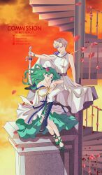  2girls aqua_hair bishoujo_senshi_sailor_moon blonde_hair blue_eyes deep_aqua_mirror dress flower hair_flower hair_ornament highres kaiou_michiru koya long_hair looking_at_another looking_at_viewer multiple_girls parted_bangs parted_hair pedestal rose short_hair smile space_sword spiral_staircase stairs ten&#039;ou_haruka white_dress 