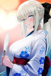  1girl absurdres bamboo_tac blue_eyes blush braid breasts closed_mouth fate/grand_order fate_(series) floral_print floral_print_kimono grey_hair hand_fan highres holding holding_fan japanese_clothes kimono large_breasts long_hair long_sleeves morgan_le_fay_(fate) oni ponytail print_kimono solo white_kimono 