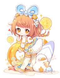  1girl :q absurdres animal_bag backpack bag balloon balloon_trip_(infinity_nikki) bare_shoulders bird blue_bow blue_hairband blunt_bangs bow braid brown_hair chibi chinese_commentary closed_mouth commentary_request dot_nose dress duck duck_tail eyelashes fake_tail finger_gun floating_hair flower flower_hairband food food_print footwear_bow frilled_arm_warmers frilled_hairband frilled_thigh_strap frills fruit hairband happy heart highres holding holding_ice_cream_cone holding_swim_ring ice_cream ice_cream_cone infinity_nikki lemon lemon_slice light_blush light_particles long_hair looking_at_viewer loose_hair_strand low_twin_braids miniskirt nikki_(series) nuli_de_chengzhi_er orange_dress orange_eyes orange_flower orange_innertube orange_shoes pom_pom_(clothes) sand see-through_arm_warmers see-through_clothes shoes short_dress simple_background skirt skirt_under_dress sleeveless sleeveless_dress smile solo sparkle sprinkles standing star_(symbol) star_print starfish surfboard swim_ring tail tareme thigh-highs thigh_strap tongue tongue_out twin_braids white_arm_warmers white_background white_bag white_flower white_skirt yellow_thighhighs 