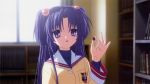  blue_hair clannad hair_bobbles hair_ornament highres ichinose_kotomi long_hair purple_eyes school_uniform two_side_up 