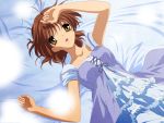  antenna_hair bed blue brown_eyes brown_hair clannad dress frills furukawa_nagisa highres lying 