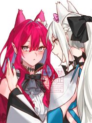  2girls animal_ears averting_eyes baobhan_sith_(fate) baobhan_sith_(first_ascension)_(fate) blue_eyes blush cat_ears detached_sleeves dress fate/grand_order fate_(series) frilled_dress frills grey_eyes hair_ribbon hand_up highres long_hair morgan_le_fay_(fate) morgan_le_fay_(third_ascension)_(fate) mother_and_daughter multiple_girls pink_hair pointy_ears ponytail red_dress ribbon sidelocks tsukikusa_ao white_background wide_sleeves 