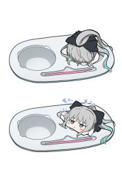  1girl absurdres black_bow blue_eyes blush bow braid chibi fate/grand_order fate_(series) grey_hair hair_between_eyes hair_bow half_up_braid highres ice_choco_maker in_container long_hair long_sleeves looking_at_viewer lying mini_person minigirl morgan_le_fay_(fate) morgan_le_fay_(second_ascension)_(fate) ponytail simple_background solo very_long_hair white_background 