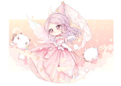  1girl absurdres animal argyle_clothes argyle_hat chibi choker closed_mouth crescent_print detached_sleeves dot_nose dress drill_hair elbow_gloves enchanted_encounter_(infinity_nikki) eyelashes fairy fairy_wings floating_clothes frilled_headwear frilled_sleeves frills full_body gloves gown happy hat hat_ornament highres holding holding_wand infinity_nikki lace lace_gloves light_blush light_particles lipstick long_dress long_hair looking_to_the_side magic makeup nikki_(series) nuli_de_chengzhi_er orange_background outside_border parted_bangs petticoat pink_choker pink_dress pink_eyes pink_hair pink_hat pink_lips pink_sleeves pink_theme pink_veil pink_wings sheep short_sleeves smile smoke solo sparkle star_(symbol) star_hat_ornament star_wand strapless strapless_dress tareme two-tone_background veil very_long_hair wand white_background white_gloves wings 