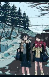 2girls absurdres aqua_neckerchief bag bare_tree black_coat black_eyes black_hair blue_bag blue_skirt breath cardigan coat commentary_request day feet_out_of_frame film_grain fir_tree grey_card grey_sky hand_up hands_up highres holding_strap leg_warmers ligne_claire long_hair long_sleeves looking_at_another miniskirt mittens multicolored_scarf multiple_girls neckerchief open_mouth original outdoors overcast parted_lips plaid_clothes plaid_scarf pleated_skirt power_lines red_mittens red_scarf scarf scenery school_bag school_uniform serafuku skirt sky smile snow snowing socks standing steam tattsun_(ta_tsuki) tree utility_pole white_socks winter winter_clothes winter_uniform yellow_cardigan yellow_leg_warmers 