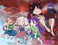  5girls :o animal_ears aqua_shorts bare_shoulders barefoot bear_trap black_gloves black_hair blue_shorts blue_skirt blush brown_hair closed_eyes closed_mouth crop_top dated dog_ears dog_tail dress elbow_gloves gloves gold_tiara green_shirt hair_between_eyes headdress highres horns large_tail long_hair medium_hair mitsugashira_enoko monkey_girl monkey_tail multiple_girls multiple_tails nippaku_zanmu open_mouth pink_skirt purple_dress purple_hair purple_shirt rome35793562 sandals shirt shorts single_horn skirt sleeveless sleeveless_shirt small_horns smile son_biten t-shirt tail tenkajin_chiyari touhou twitter_username veil very_long_hair white_hair yomotsu_hisami 