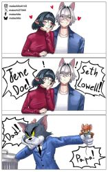 1girl animal_ears artist_name head_bump jane_doe_(zenless_zone_zero) jerry_(tom_and_jerry) long_hair lynx_ears malachite_27346 mouse_ears mouse_girl mouse_tail multiple_boys seth_lowell short_hair tom_(tom_and_jerry) tom_and_jerry zenless_zone_zero