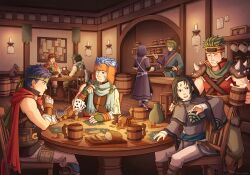  6+boys absurdres animal_ears barrel birusabi black_cat blue_hair boyd_(fire_emblem) candle card cat cat_boy cat_ears chair closed_eyes commentary cup english_commentary facial_mark fire_emblem fire_emblem:_radiant_dawn forehead_mark green_hair headband headdress highres holding holding_card holding_cup ike_(fire_emblem) indoors male_focus multiple_boys one_eye_closed playing_card ranulf_(fire_emblem) red_hair scarf short_hair sitting soren_(fire_emblem) sothe_(fire_emblem) stefan_(fire_emblem) table tavern tormod_(fire_emblem) zihark_(fire_emblem) 