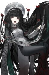  1girl ao_dai black_eyes black_hair blunt_bangs breasts chinese_hairpin dress eyeliner fate/grand_order fate_(series) hair_ornament hair_stick hairpin hat highres hime_cut jewelry komahime_(celebratory_attire)_(fate) komahime_(fate) kotowaza long_hair long_sleeves looking_at_viewer makeup necklace open_mouth pantyhose pearl_necklace small_breasts smile solo very_long_hair white_dress 