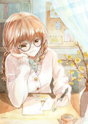  1girl absurdres artist_name bookshelf braid brown_eyes brown_hair bulletin_board curtains envelope flower glasses hayamasora highres holding holding_pencil indoors long_sleeves mechanical_pencil original painting_(object) pencil plant potted_plant twin_braids twintails 