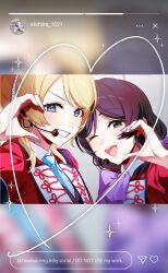  2girls ayase_eli blonde_hair blue_bow blue_eyes bow cellphone_photo dress green_eyes heart heart_hands highres idol instagram love_live! love_live!_school_idol_project microphone multiple_girls purple_bow purple_hair red_dress scrunchie smile tojo_nozomi watermark zawawa_(satoukibi1108) 