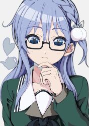  1girl 22/7 black-framed_eyewear black_bow black_bowtie blue_eyes blue_hair bow bowtie braid closed_mouth diagonal-striped_bow glasses green_shirt hair_between_eyes hair_bow hair_ornament hand_on_own_chin heart highres lionmaru0808 long_hair long_sleeves looking_at_viewer maruyama_akane pom_pom_(clothes) pom_pom_hair_ornament portrait rectangular_eyewear rokubanchou_school_uniform sailor_collar school_uniform semi-rimless_eyewear serafuku shirt single_braid solo striped_bow under-rim_eyewear white_background white_sailor_collar winter_uniform 