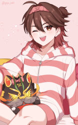  1boy 1other blush brown_eyes brown_hair gaming_(genshin_impact) genshin_impact hair_between_eyes hairband heart highres hood hoodie long_hair male_focus man_chai_(genshin_impact) meshi_kue_yo multicolored_hair one_eye_closed open_mouth red_hair red_hairband red_hood red_shorts shorts simple_background smile striped_clothes striped_hoodie white_hood 