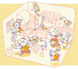  2boys alternate_costume apron asaikaina back_ribbon baggy_pants bare_arms belt belt_buckle big_nose blue_pikmin bowl buckle buttons casual catching collared_shirt cooking cooking_pot crumpled_paper dishwasher dollhouse_view expressionless flower flying food fork highres holding holding_food holding_fork holding_ice_cream holding_ice_cream_cone holding_plate holding_spoon ice ice_cream ice_cream_cone ice_pikmin indoors insect_wings light_blush limited_palette long_sleeves louie_(pikmin) lying multiple_boys no_mouth olimar on_back open_mouth oven_mitts pants pikmin_(creature) pikmin_(series) plate plate_stack pointy_ears pointy_nose purple_pikmin red_pikmin refrigerator rock rock_pikmin shirt short_hair short_sleeves sitting socks solid_circle_eyes spoon stew stool surprised trash_can triangle_mouth tripping unusually_open_eyes very_short_hair waist_apron white_pikmin wide-eyed winged_pikmin wings yellow_pikmin yellow_theme 