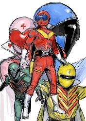  1girl 4boys aka_ranger ao_ranger armor blue_bodysuit blue_helmet bodysuit full_body green_armor green_helmet group_picture helmet highres himitsu_sentai_gorenger ki_ranger kuppipi_ramutarou mido_ranger momo_ranger multiple_boys pink_armor pink_helmet red_bodysuit red_helmet simple_background super_sentai tokusatsu white_background yellow_bodysuit yellow_helmet 
