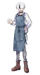  1boy :d absurdres apron belt_collar black_collar black_hair black_pants black_shirt blue_apron boots brown_boots collar collarbone covered_eyes facing_viewer fuji_den_fujiko hair_over_eyes hand_on_own_hip highres holographic_clothing jacket lace-up_boots light_blush long_sleeves male_focus mekakare multicolored_hair official_art open_clothes open_jacket pants sharp_teeth shirt short_hair simple_background smile solo standing streaked_hair striped_clothes striped_pants tachi-e teeth utagai_nijisuke vertical-striped_clothes vertical-striped_pants waving white_hair white_jacket white_pants white_shirt 