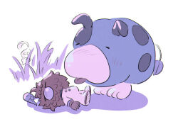  1boy animal asaikaina big_nose buttons closed_eyes dog floppy_ears ghost_tail gloves glow_pikmin grass hiding leaf leafling lying moss_(pikmin) olimar on_back oversized_animal pikmin_(creature) pikmin_(series) pikmin_4 red_fur red_gloves red_leafling shadow simple_background solid_circle_eyes spacesuit white_background 