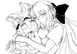  2girls black_bow blush bow braid c4_ble15 closed_eyes fate/grand_order fate_(series) habetrot_(fate) hair_between_eyes hair_bow half_up_braid hat highres hug long_hair morgan_le_fay_(fate) multiple_girls ponytail very_long_hair 