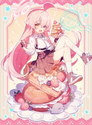  1girl :d ahoge black_shoes black_skirt blue_archive blue_eyes blue_necktie collared_shirt commentary_request cream fang food fruit full_body hair_between_eyes halo heterochromia highres holding holding_plate hoshino_(blue_archive) inflatable_toy inflatable_whale kasuga_haruhi long_hair long_sleeves looking_at_viewer necktie on_food open_mouth pancake pancake_stack pink_hair pink_halo plaid_clothes plaid_skirt plate pleated_skirt shirt shoes sitting skirt smile sneakers socks solo strawberry very_long_hair waffle white_shirt white_socks yellow_eyes 