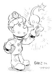  +_+ 1boy asaikaina boots buttons creature_on_hand flower full_body gauge ghost_tail gloves glow_pikmin greyscale hand_on_another&#039;s_cheek hand_on_another&#039;s_face happy head_mirror holding holding_paper light_blush male_focus monochrome no_headwear no_mouth notice_lines open_mouth outstretched_hand paper paper_stack pikmin_(creature) pikmin_(series) pointy_ears short_hair signature simple_background smile solid_oval_eyes spacesuit sparkle standing white_background yonny_(pikmin) 