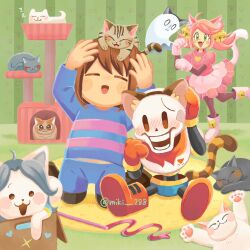  1:1 1boy 1girl 2025 2d 2others alternate_size ambiguous_gender animal animal_ears animal_on_head ankle_boots annoying_dog apron armor black_cat blank_eyes blue_shirt blue_shorts blush boots box brown_boots brown_hair cape cat cat_ears cat_girl cat_tail cat_tower digital_media dog dress embarrassed fake_animal_ears fake_tail female frisk_(undertale) ghost gloves grey_hair highres horizontal-striped_clothes human humanoid in_box kneeling mad_mew_mew male miki_288 monster monster_boy multiple_animal_ears multiple_cats multiple_others napstablook papyrus_(undertale) pink_boots pink_dress pink_hair pink_stripes red_cape red_gloves shirt short_hair shorts sitting skeleton striped_clothes striped_shirt striped_wall tail teeth temmie twintails two-tone_shirt undead undertale utdr_(toby_fox) wall white_armor white_cat white_dog white_fur 