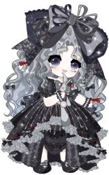  1girl absurdres argyle_bow back_bow bead_bracelet beads black_bow black_dress black_ribbon black_shoes black_wrist_cuffs bow bowtie bracelet creature crimson_rhapsody_(infinity_nikki) deformed dress esseling_(infinity_nikki) eyelashes facepaint felispirit_sack_(infinity_nikki) footwear_bow frilled_bow frilled_dress frilled_sleeves frilled_wrist_cuffs frills full_body gown grey_bow grey_bowtie grey_hair grey_ribbon hair_bow hair_ribbon happy highres hime_lolita holding holding_creature infinity_nikki jewelry large_bow light_blush light_particles lolita_fashion long_dress long_hair looking_ahead multiple_hair_bows nikki_(series) off-shoulder_dress off_shoulder official_alternate_color open_mouth parted_bangs puffy_short_sleeves puffy_sleeves red_bow ribbon shoes short_sleeves simple_background smile solo sparkle standing striped_clothes striped_dress tareme two-tone_bow two-tone_ribbon vertical-striped_clothes vertical-striped_dress very_long_hair violet_eyes wavy_hair white_background wrist_cuffs zhizhizhizhizhizong 