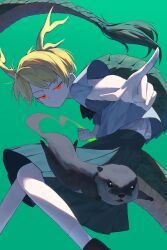  1girl blonde_hair blue_shirt closed_mouth eastern_dragon_horns eastern_dragon_tail expressionless from_side green_background green_skirt highres keiki8296 kicchou_yachie looking_at_viewer otter otter_spirit_(touhou) pointing red_eyes shirt short_hair skirt socks touhou turtle_shell white_socks 