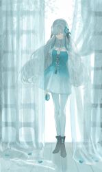  1girl absurdres black_boots blue_dress blue_eyes blue_flower boots closed_mouth curtain_grab curtains dress flower full_body gradient_clothes gradient_dress grey_hair hair_flower hair_ornament hair_over_one_eye highres holding holding_flower indoors isekaijoucho kamitsubaki_studio long_hair long_sleeves looking_at_viewer multicolored_hair one_eye_covered pantyhose petals solo standing two-tone_dress very_long_hair virtual_youtuber white_dress white_pantyhose window yuishironeko 