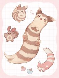 appyon_(archangel_ayp) border creature food fruit furret grid_background heart highres looking_at_viewer no_humans pink_border pokemon pokemon_(creature) sentret