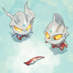  2boys :o alien armor blue_skin breastplate chibi chibi_only color_timer colored_skin commentary eye_slugger father_and_son forehead_jewel full_body gem glowing glowing_eyes green_background green_gemstone in-franchise_crossover looking_at_object looking_down male_focus multicolored_skin multiple_boys no_fingers omega_slugger open_mouth red_skin shadow shoulder_armor shungyou silver_skin tokusatsu two-tone_skin ultra_galaxy_(series) ultra_series ultraman_omega_(series) ultraman_zero ultraseven ultraseven_(series) weapon yellow_eyes 