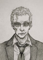  1boy black_necktie black_suit blonde_hair bruise bruise_on_face collared_shirt donquixote_doflamingo earrings english_commentary eyes_visible_through_eyewear injury jewelry looking_at_viewer male_focus monochrome necktie one_piece portrait shirt short_hair smile suit sunglasses tutugui white_shirt 