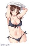  1girl bikini black_bikini black_swimsuit blush breasts brown_eyes brown_hair chiyoda_(kantai_collection) cleavage closed_mouth commentary ebifurya eyebrows_visible_through_hair front-tie_bikini front-tie_top hair_between_eyes highres kantai_collection large_breasts long_hair looking_at_viewer one_eye_closed parted_lips plump side-tie_bikini simple_background solo swimsuit twitter_username undressing white_background 