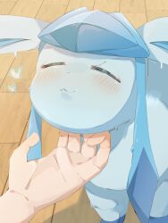  1other animal_focus blue_fur blush closed_eyes closed_mouth floor glaceon highres hp7car7nxrq5s7q indoors pokemon pokemon_(creature) pokemon_focus scratching_chin smile wooden_floor 