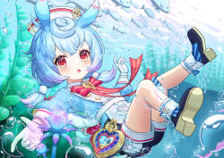  1girl :o absurdres air_bubble black_shoes blue_hair bow bowtie bubble commentary dika312 english_commentary fish full_body genshin_impact gloves hair_between_eyes hair_ornament hat highres long_sleeves looking_at_viewer low_twintails nurse_cap open_mouth outdoors pom_pom_(clothes) pom_pom_hair_ornament puffy_shorts red_bow red_bowtie red_eyes school_of_fish shoe_soles shoes shorts sigewinne_(genshin_impact) solo submerged twintails underwater white_gloves white_hat 