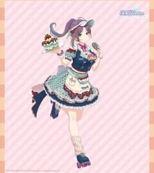  asakura_toru bare_shoulders bow bracelet cake doughnut food hair_ornament highres holding holding_cake holding_donut holding_food idolmaster idolmaster_shiny_colors idolmaster_shiny_colors_song_for_prism jewelry multicolored_hair official_art pink_bow ponytail shoes spotted_skirt 