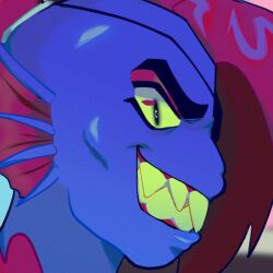  1:1 1girl 2019 2d anniversary anthro bad_id bad_tumblr_id black_eyepatch blue_skin cinnimani close-up colored_sclera cropped digital_media ear_fins eyepatch female female_only fins fish fish_girl head_fins high_ponytail long_hair monster monster_girl ponytail red_hair sharp_teeth slit_pupils solo solo_focus teeth undertale undyne utdr_(toby_fox) yellow_sclera yellow_teeth 