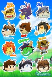 ... 6+boys ahoge animal_ears bear_boy bear_ears black_hair brown_fur brown_hair camera cat_boy cat_ears closed_eyes closed_mouth copyright_name dog_boy dog_ears doingmorenatsu dragon_boy eastern_dragon_horns english_commentary english_text fangs floppy_ears furry furry_male grey_fur grey_hair grin hachimaki headband highres hiroyuki_nishimura_(morenatsu) holding holding_camera juuichi_mikazuki kounosuke_kuri kouya_aotsuki kyouji_takahara laughing lion_boy lion_ears lion_mane male_focus morenatsu multiple_boys nanafuse_(morenatsu) nejiri_hachimaki one_eye_closed open_mouth orange_hair purple_fur raccoon_boy raccoon_ears shin_kuroi shun_kodori smile soutarou_touno sparkle sticker tatsuki_midoriya tiger_boy tiger_ears torahiko_oshima v wolf_boy wolf_ears yellow_fur