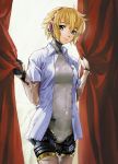  aegis android blonde_hair curtains hairband highres makacoon megaten naked_shirt open_clothes open_shirt persona persona_3 robot_joints shirt short_hair smile solo 
