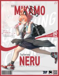  1girl absurdres ahoge animal_ear_hairband animal_ears bag black_bag black_hairband black_halo black_jacket black_nails black_shirt black_skirt black_socks blue_archive blush braid cat_ear_hairband cat_ears closed_mouth clothes_around_waist cover crepe fake_animal_ears fake_magazine_cover floral_print_shirt food food_in_mouth food_on_face hairband halo highres holding holding_bag holding_crepe holding_food huge_ahoge jacket jacket_around_waist magazine_cover mole mole_under_eye neru_(blue_archive) neru_(school_uniform)_(blue_archive) official_alternate_costume red_eyes red_hair red_shoes running shirt shoes short_hair single_braid skirt sleeves_rolled_up smile socks solo walking_nakta white_shirt 