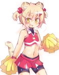  :d animal_ears bike_shorts bow cheerleader fang flat_chest looking_at_viewer midriff open_mouth pom_poms short_hair skirt smile tail tiger_ears tiger_tail tomcat_(moconeko) toramimi-senpai twintails white_background yellow_eyes 