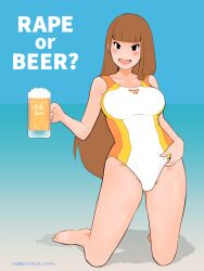  1girl afunai alcohol beer beer_mug competition_swimsuit cup highres long_hair mug one-piece_swimsuit original swimsuit 