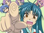  blue_hair chidori_kaname crossover fingerprint full_metal_panic full_metal_panic! hiiragi_kagami hiiragi_tsukasa izumi_konata lucky_star motteke!_serafuku parody pointing renatech takara_miyuki yellow_eyes 