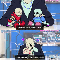  1:1 2021 2d 2koma 3boys ^_^ aqua_stripes artist_name blue_stripes blue_sweater brothers character_doll cinnimani closed_eyes comic digital_media doll english_text father_and_son happy heart highres horizontal-striped_clothes hug humanoid male male_focus male_only monster monster_boy multiple_boys orange_shirt papyrus_(undertale) photo_background sans_(undertale) siblings skeleton smile striped_shirt sweater teeth text trio undead undertale utdr_(toby_fox) w.d._gaster 