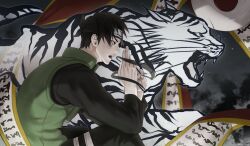  1boy absurdres black_hair black_pants black_shirt furrowed_brow green_vest highres hxxnuat male_focus naruto_(series) ninja open_mouth own_hands_together pants parted_bangs sai_(naruto) scroll shirt short_hair solo sumi-e tiger upper_body vest 