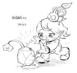  ^^^ asaikaina blush_stickers boots borrowed_character buttons character_name creature_on_head eyelashes gloves greyscale high_five insect_wings jitome light_blush monochrome no_headwear no_mouth notice_lines open_mouth original outstretched_arm pikmin_(creature) pikmin_(series) rescue_officer_(pikmin) rock rock_pikmin shadow short_hair simple_background smile solid_circle_eyes spacesuit swept_bangs walking white_background winged_pikmin wings 