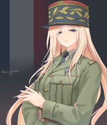  1girl absurdres artist_name belt black_necktie blue_eyes blue_hat breast_pocket brown_belt closed_mouth collared_shirt commentary flag_background french_army french_flag green_jacket hat highres jacket leochan1202 long_hair long_sleeves looking_at_viewer military military_rank_insignia military_uniform necktie original pink_hair pocket shirt shoulder_boards smile solo upper_body white_shirt world_war_ii 